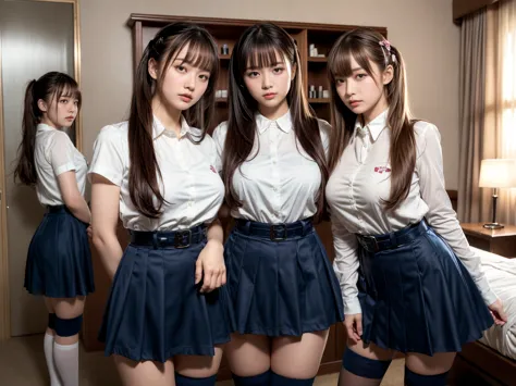 masterpiece, best quality, illustration, Super detailed, fine details, High resolution, 8K,wall paper, perfect dynamic composition,(Details High quality, realistic depiction of eyes:1.3), (2 girls), High school girl uniform、Super Short Check Uniform Skirt、...