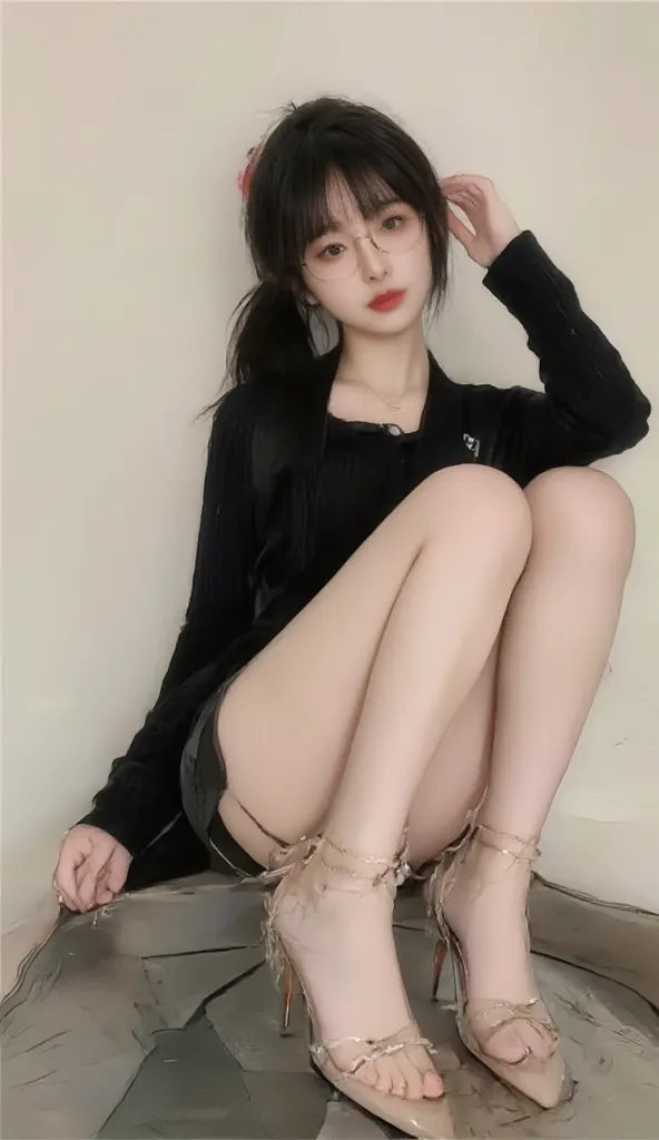 cool and charming expression , young woman, chinese singer or japanese teacher or kpop idol IU likeness, high ponytail , air bangs , frame glasses , necklace ,  'breasts , plae skin , (glossy stiletto heels:1.3)