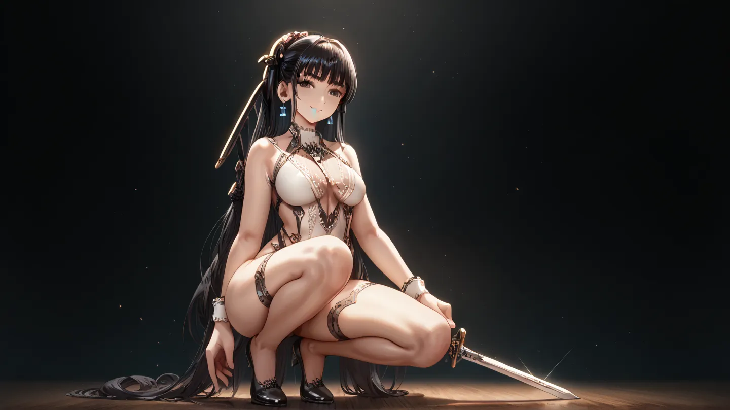   Sexy eve de stellar blade, UHD, long hair, black hair, mild smile, with bangs, pechos grandes, very fitted black suit, in a forest,  at night,  of foot, crouching,  one leg on the floor,  with a highly detailed sword , 