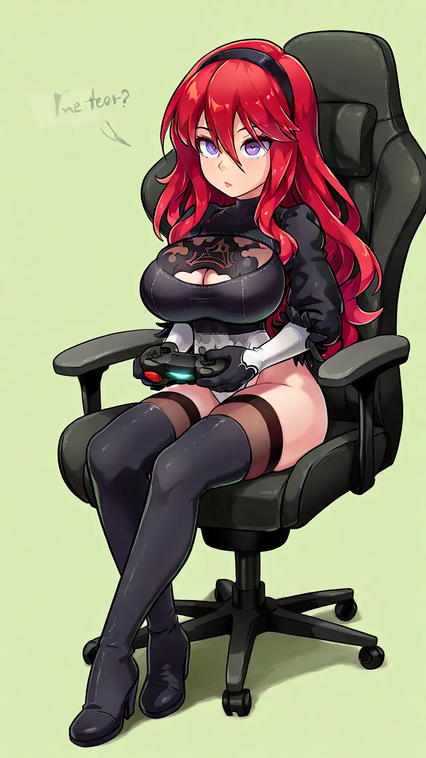 slender Caucasian girl with huge breasts, Perfect long wavy red hair with purple eyes, with a rough and sexy look. He wears a 2B Nier Automata costume with red hair. Hold a video game controller, sitting looking straight ahead and sitting in her gamer chai...