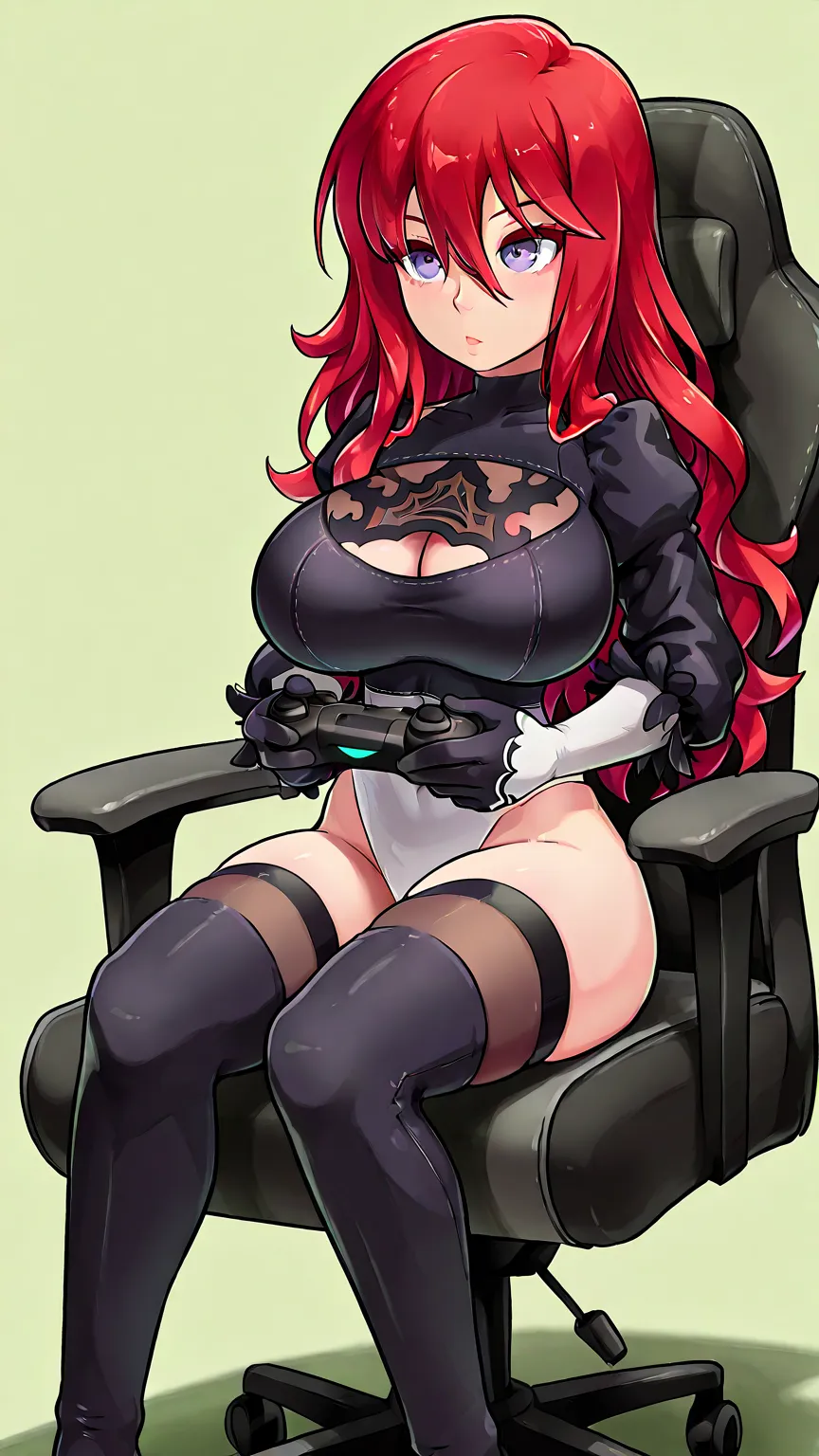 slender Caucasian girl with huge breasts, Perfect long wavy red hair with purple eyes, with a rough and sexy look. He wears a 2B Nier Automata costume with red hair. Hold a video game controller, sitting looking straight ahead and sitting in her gamer chai...