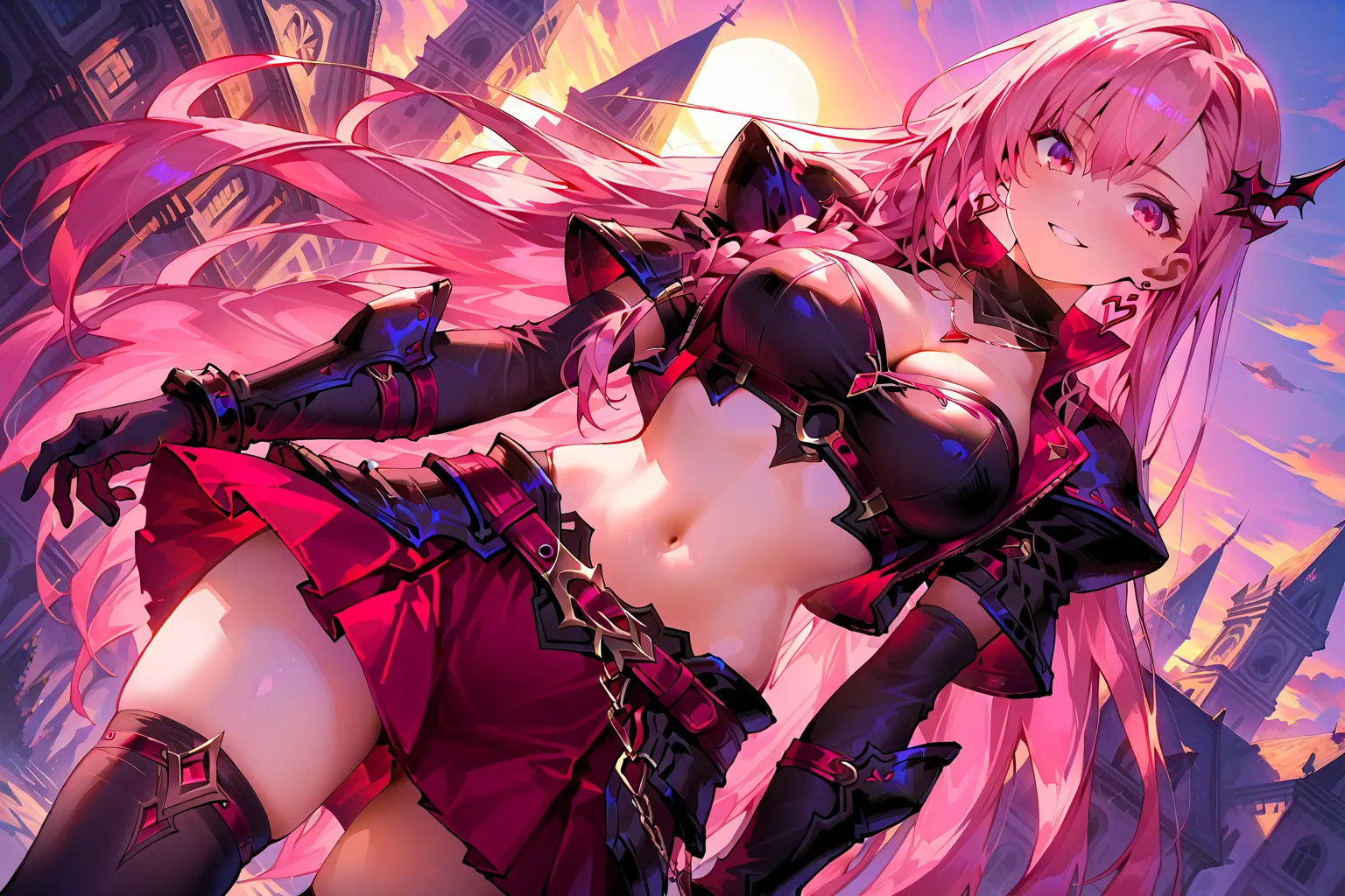 (best quality:1.2),(extremely detailed CG unity), absurdres,(sharp detail:1.2), ((1girl:1.2)),,cleavage, shiny, dutch angle,
smile,

large breasts,,tyrfing (phantom of the kill), long hair,pink hair,1girl,pink eyes,solo,braid,armor,jewelry,skirt,smile,midr...