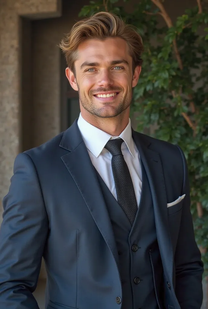 Tall young man with muscles, crystal blue eyes, dirty blond hair and easy smile, marked jaw, in a three-piece suit, Smiling expression
