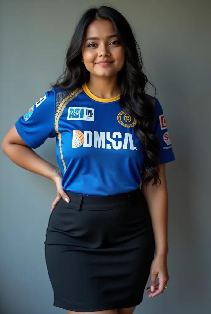 Cute looking, 20 year old, Indian girl, thick body , white skin, black hair,curvy breast, blue ipl jersey from mi team word "ShowStar" in white letters on left side, and black formal skirt, standing, showcasing a flattering pose and a natural, approachable...