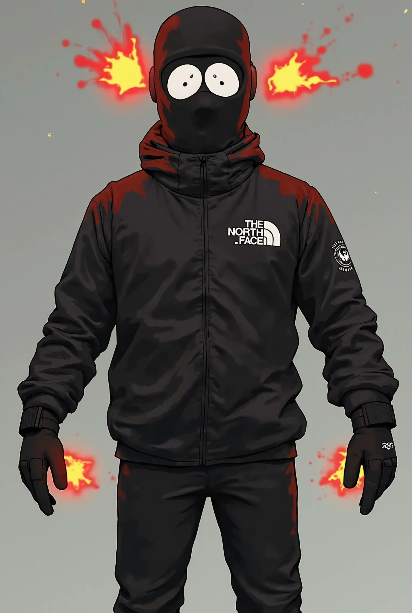 Some character from south park that is wearing black stone island shirt and wearing the north face gloves and have 2 flares in each hand one and wearing balaclava and hands are above head and spread wider then shoulder width in good resolution