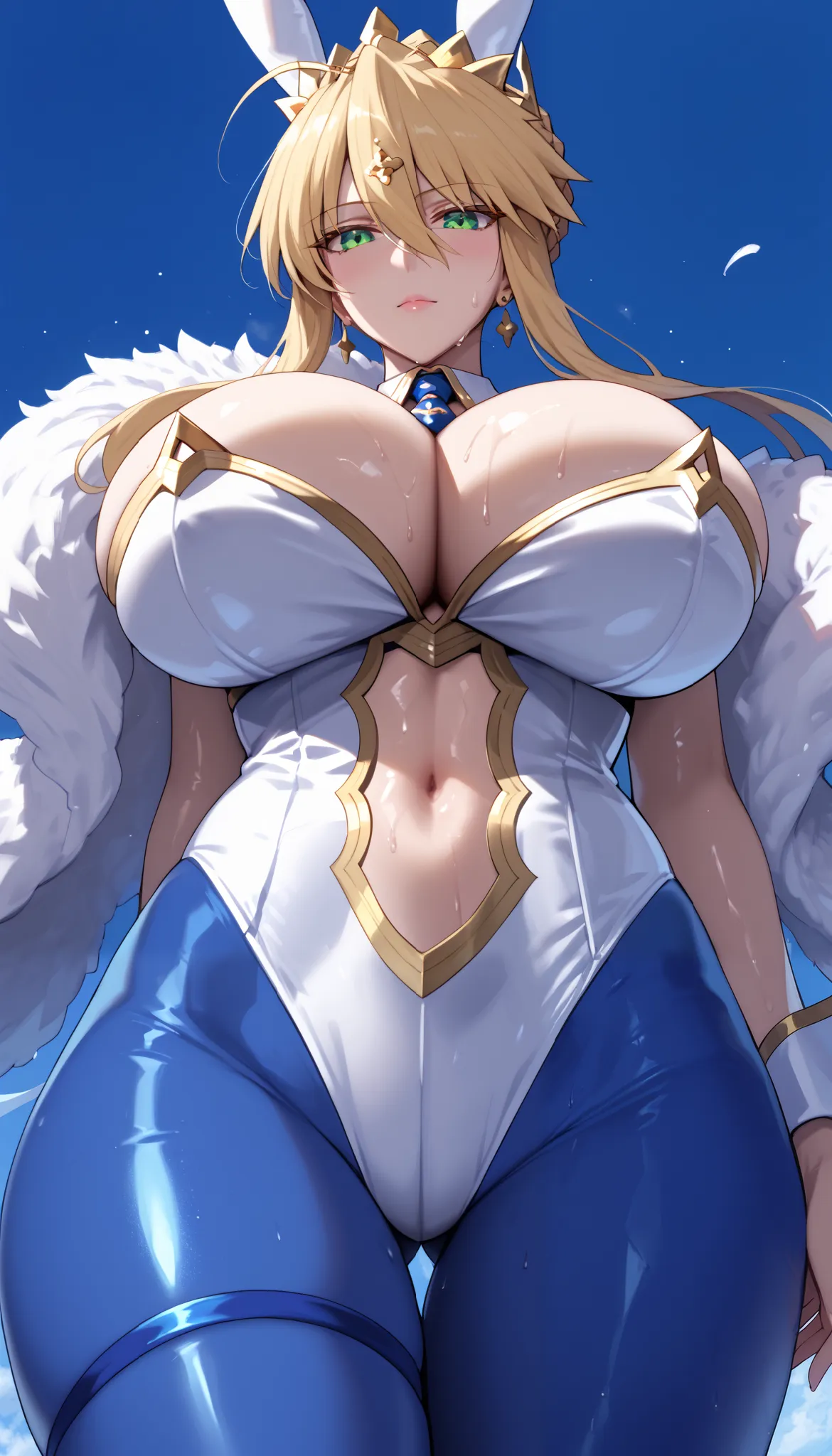 score_9,score_8_up,score_7_up,score_6_up,score_5_up,,,,,, shiroshisu, 1girl, solo ,  artoria pendragon \(ruler\) \(fate\),  (\fate grand order\) , skinny, blonde hair, , braid, huge breasts, crown, french braid, green eyes, hair between eyes, highleg, larg...