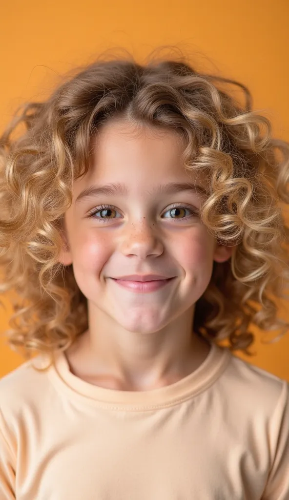 Subject: A young person with curly hair.

Age: Approximately 6-.

Hair: Luxurious, voluminous, and wavy, showcasing various shades of blonde and light brown.

Facial Features: Bright, expressive eyes. Soft, round cheeks. Light smile. Delicate features.

At...