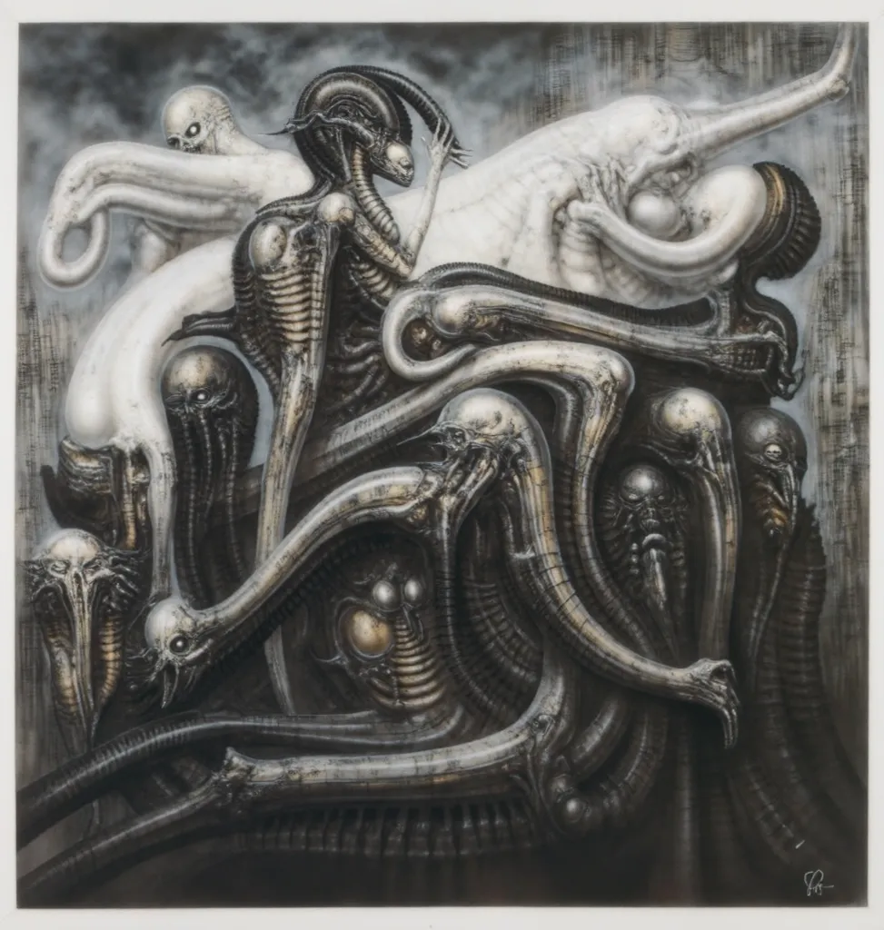 Please reproduce the original image as accurately as possible, capturing the intricate details of the biomechanical structures, the dramatic lighting, and the overall sense of unease. Find and enhance depiction of Giger's demons and creatures.(best quality...