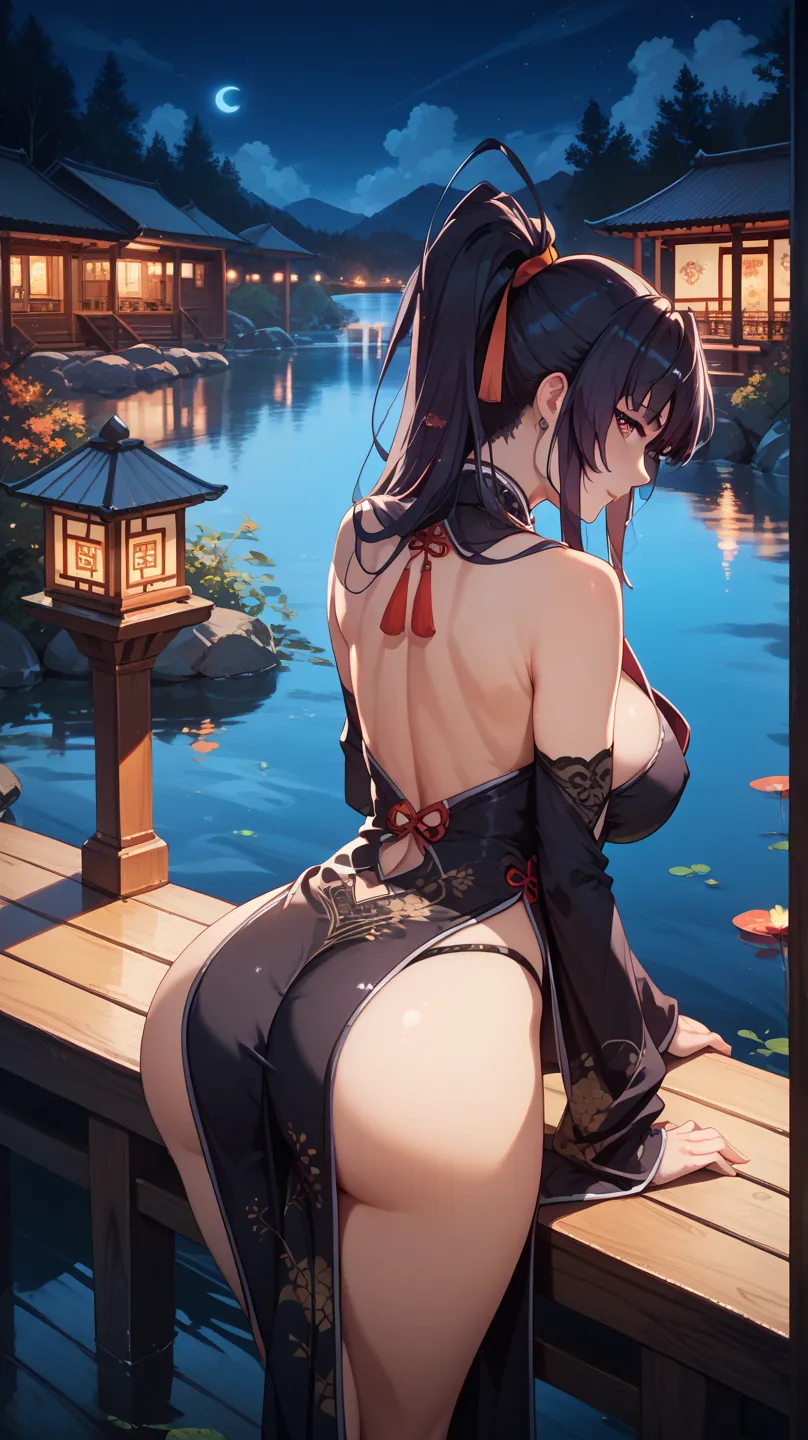 Akeno Himejima, UHD, black hair, long hair, Big breasts, wearing a black qipao, black thong,  at night,  standing on a pier in a lake, poses sexy, from behind, Highlighting the ass ,