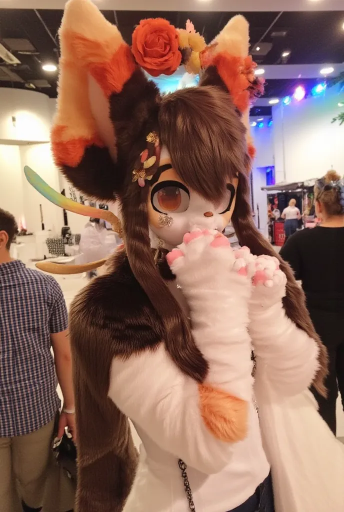 cute fluffy autumnal fennec fox girl with long dark brown hair, with eyelashes, orange flower crown, in a convention center, with angel wings, ears piercings, hands over her mouth, orange eyes, black nose, side view