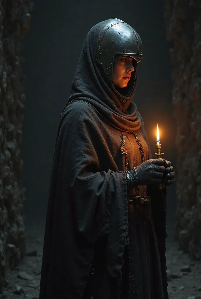 Create a female knight who with a helmet that will completely cover her face, put on her a torn cloak that will cover her head and part of her body, make her side to us and that she walks through a dark room with a lighter in her hands