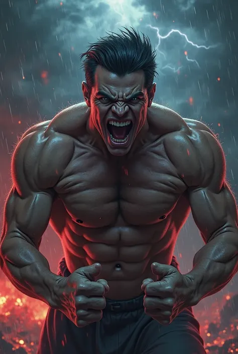 rage, detailed facial features, intense expression, clenched fists, veins popping, gritted teeth, furrowed brows, piercing eyes, dramatic pose, muscular physique, powerful movements, environmental destruction, dark stormy clouds, lightning strikes, rain po...