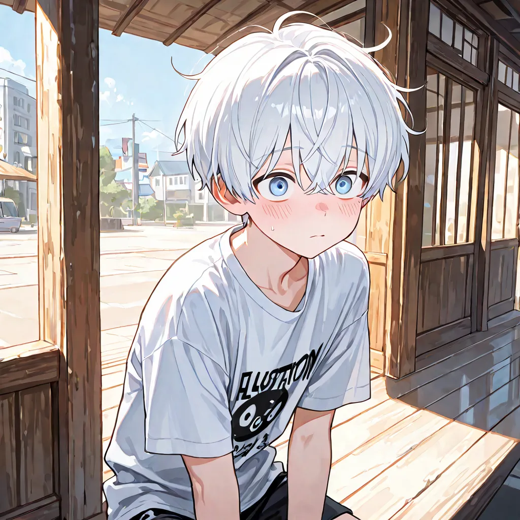 Solo, boy, , High Resolution, shot, Pale blue eyes, 걸작, top quality,  Day, 높은  Day, high definition model, high quality, smooth skin, ultra high definition, white hair,   T-SHIRT, shorts, illustration, amazed,  light cheek touch , dazed expression, Eyes wi...