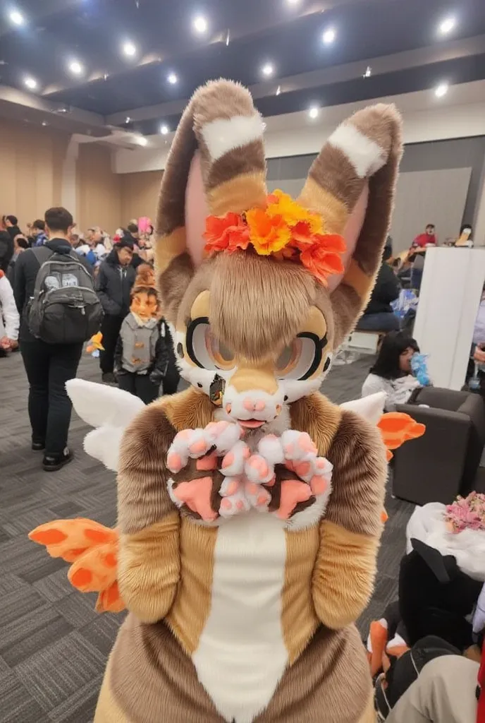 cute fluffy autumnal fennec fox girl with long light brown hair, with eyelashes, orange flower crown, in a convention center, with angel wings, ears piercings, hands over her mouth, orange eyes, black nose