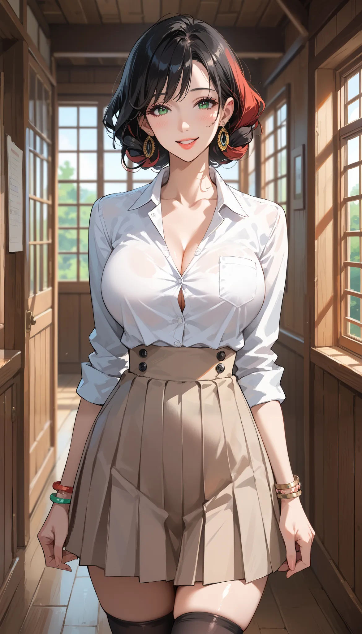 score_9, score_8_up, score_7_up,  source_anime,masterpiece,best quality,beautiful detailed eyes, beautifully detailed lips, extremely detailed eyes and face,  long breasts, 1 female, 45 years old ,mature woman,smile , school uniform,Hide and take off your ...