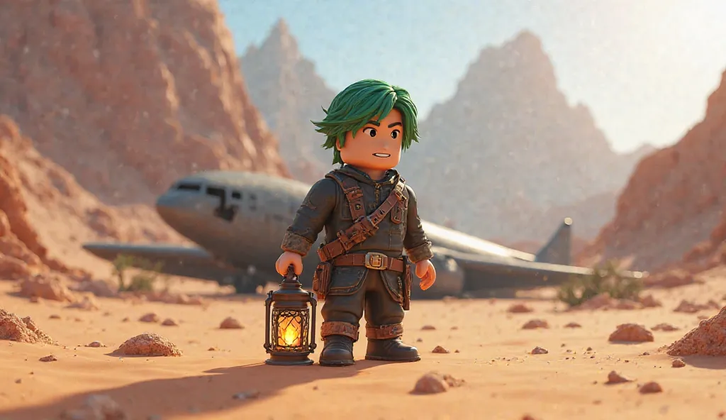 The character of a foreign boy in Roblox with green hair wearing black and brown war clothes, holding a Ramadan lantern in desert, mountains and fire, and a crashed and fond plane in Roblox 