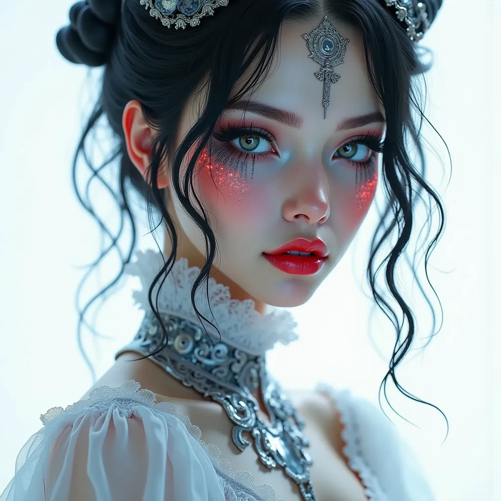 white background, beautiful portrait of a beautiful demon woman 
in white and silver colors, with red lipstick, in the style of Artgerm, Greg Rutkowski and Camilla d'Errico, ultra-detailed illustration, hyper-realistic, high definition, high resolution, oc...