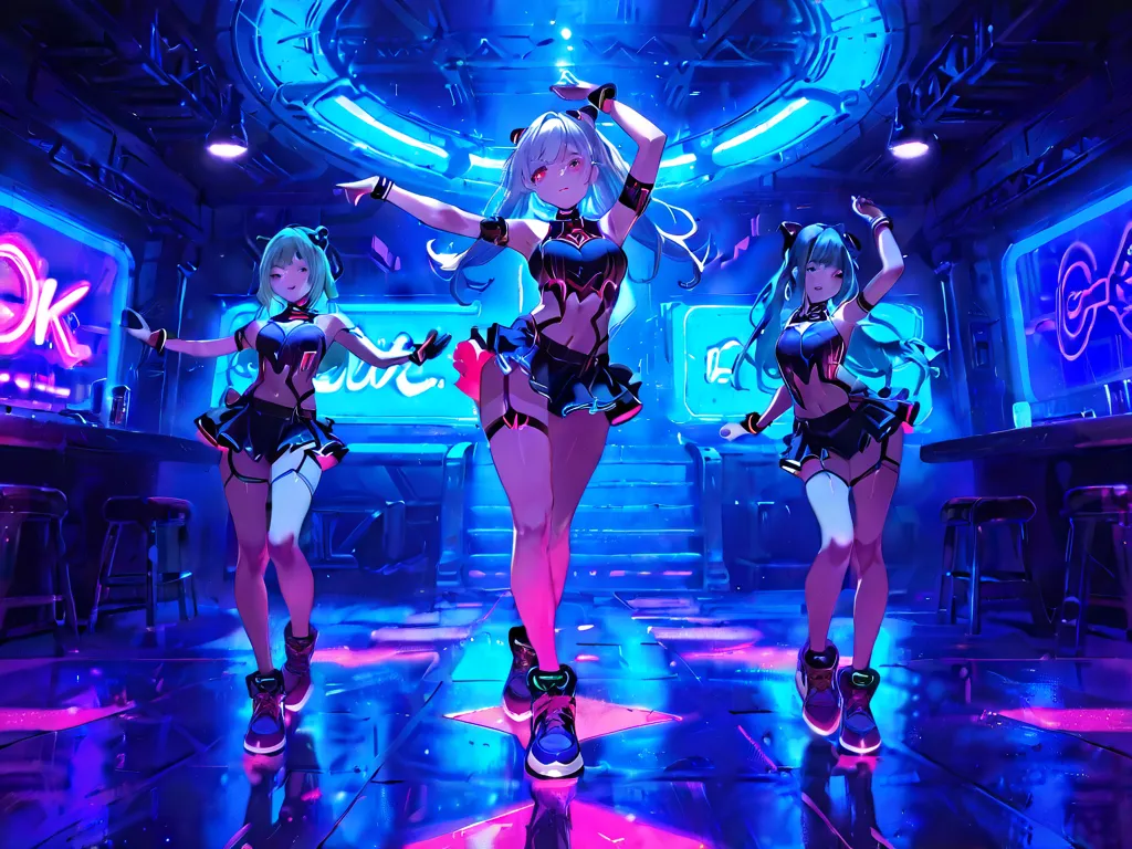 3girls, dancers, cyberpunk style, theme, nightclub, dance floor, cinematic lighting, neon lights, futuristic architecture, electronic music, dramatic poses, intense expressions, 8K, masterpiece, HDR, ,vivid colors, sexy, dancing, 3girls. Close up. Portrait...