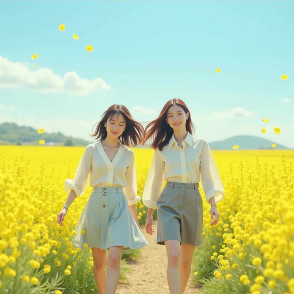 Scenery without buildings, blue sky, front view of men and women walking in a place full of yellow rape blossoms,2 Korean Girl Group Girls, Various Poses, Various Clothes