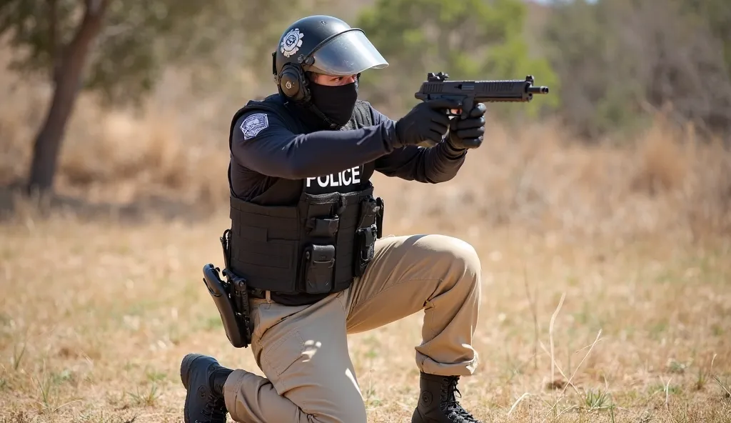 Image is a candid action shot featuring a police officer in a training scenario. The officer, wearing a black tactical vest with the word 'POLICE' in white, is positioned in a crouched stance, aiming a handgun. He is equipped with a helmet that has a white...