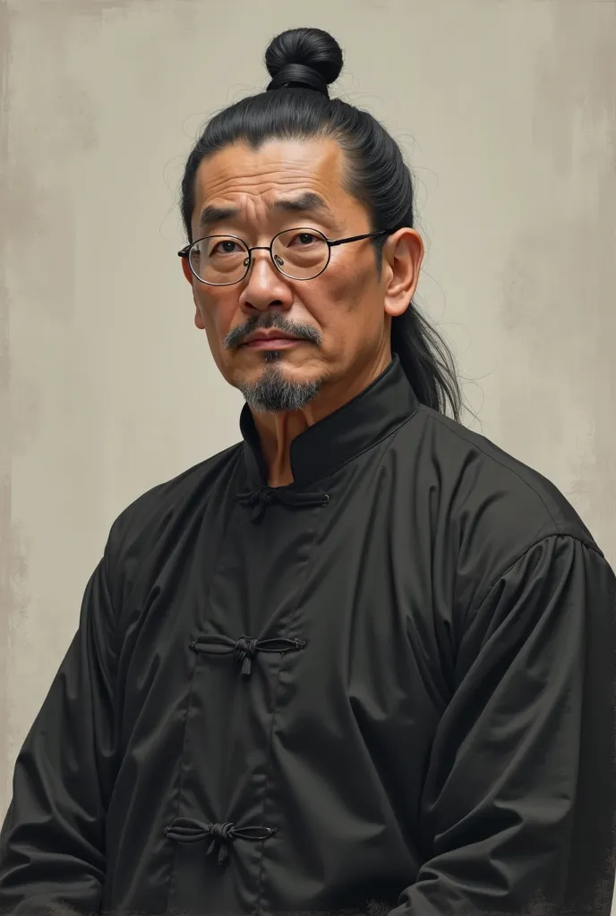 a 45 year old chinese man,perfect single braid hair,stocky face,wearing a little and round glasses,wearing a black traditional chinese clothes