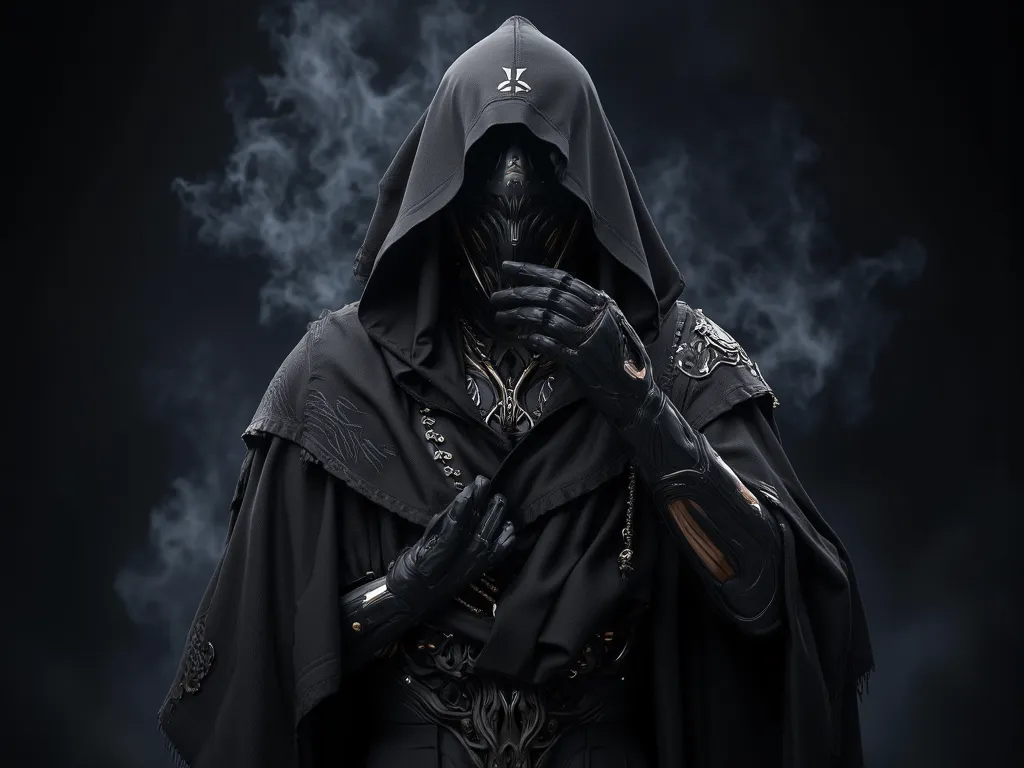 บุรุษBlack mask,  black gloves , Cult Cover Set, Tamil Hawk Shawl, assassin creed style, Black mask, Wear a black veil, Cool Capes,  European style , Fantasy Capes, sees the whole body, Remote Camera, Rear camera, mysterious person in the shadows, black au...