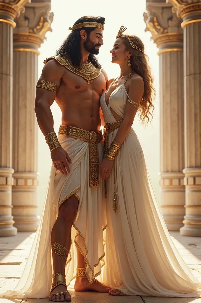 
"A majestic scene of a couple in a mythological setting. The man is dressed as an Egyptian god, wearing a regal nemes headdress, a golden collar, and a flowing white shendyt skirt adorned with intricate golden embroidery. His muscular physique is partiall...