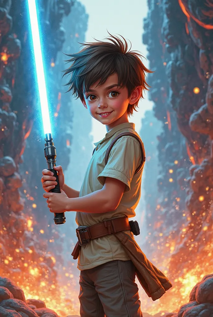 Create a picture of a boy with brown hair holding a blue lightsaber from Star Wars in cartoon style