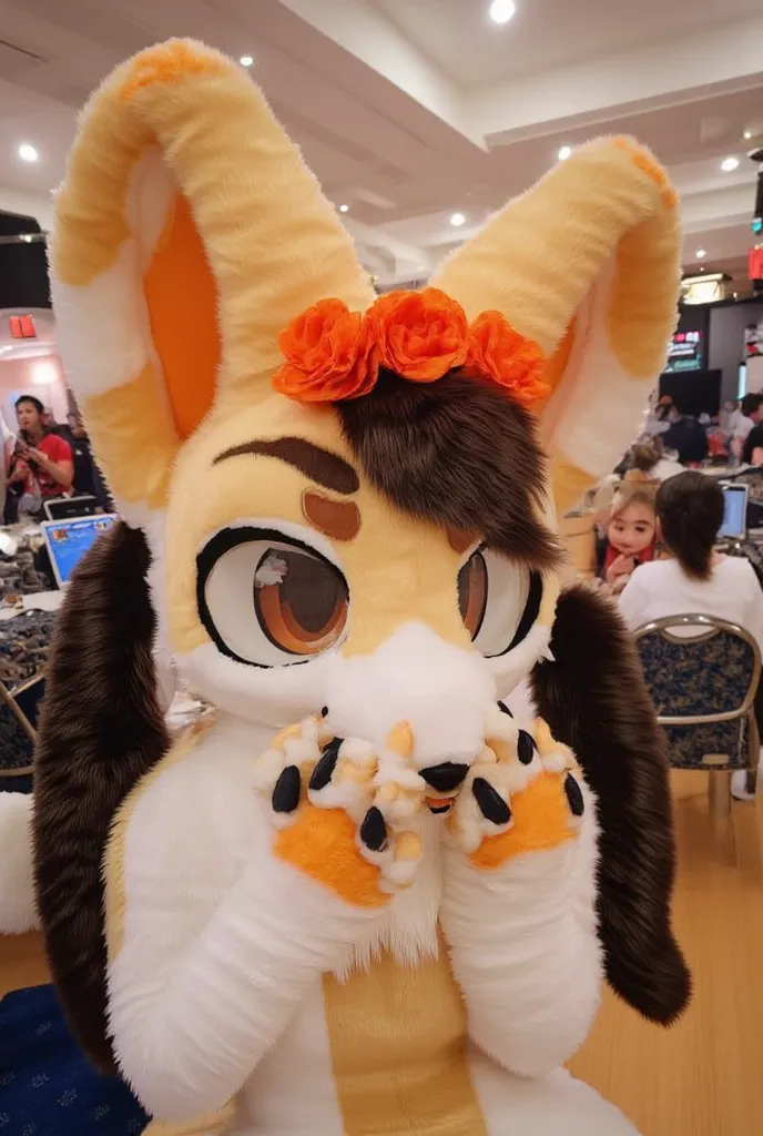 cute fluffy autumnal fennec fox girl with long dark brown pigtails, with intense eyelashes, orange flower crown, in a convention center, with angel wings, hands over her mouth, orange eyes, black nose, close-up