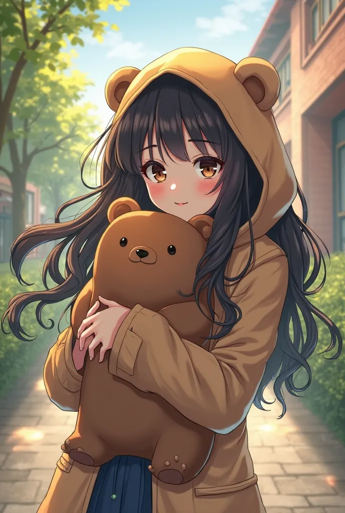 Anime Wavy Long Haired Bear Hooded Coat Sweeping High School Girl Holding Bear
