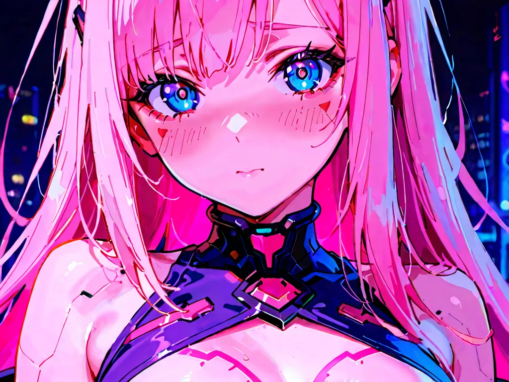 Dancer, cyberpunk theme, sexy. Close up.1girl, High Resolution, Long Hair, Breasts, Blush, Looking at viewer, pink hair.