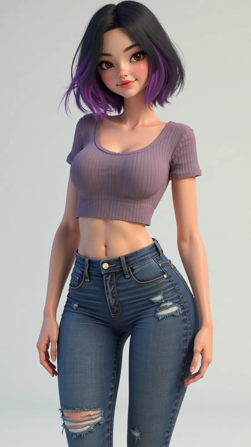  Woman, 18 years old, Korean,  light brown eyes, body with generous curves,  nose a bit chubby, large breasts, wide thighs, short black hair with purple wigs.  slight freckles on the face . 
Wearing jeans and tight fitting mini blouse.
full body photo. 
Re...