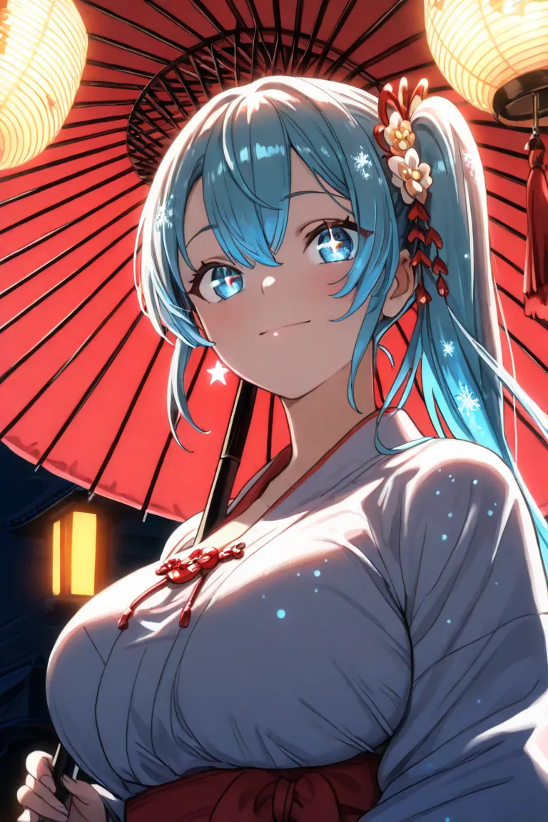 ((detail eyes)),((correct_ Anatomy )), difficult, SHM13, Hatsune Miku, 1 girl who died, Wataboshi , Start, Yuki Miku,  kimono,  kimono, Food, long hair, light blue hair tied at the top, light smile,  holding Japanese umbrellas , (Fix an umbrella), very aes...