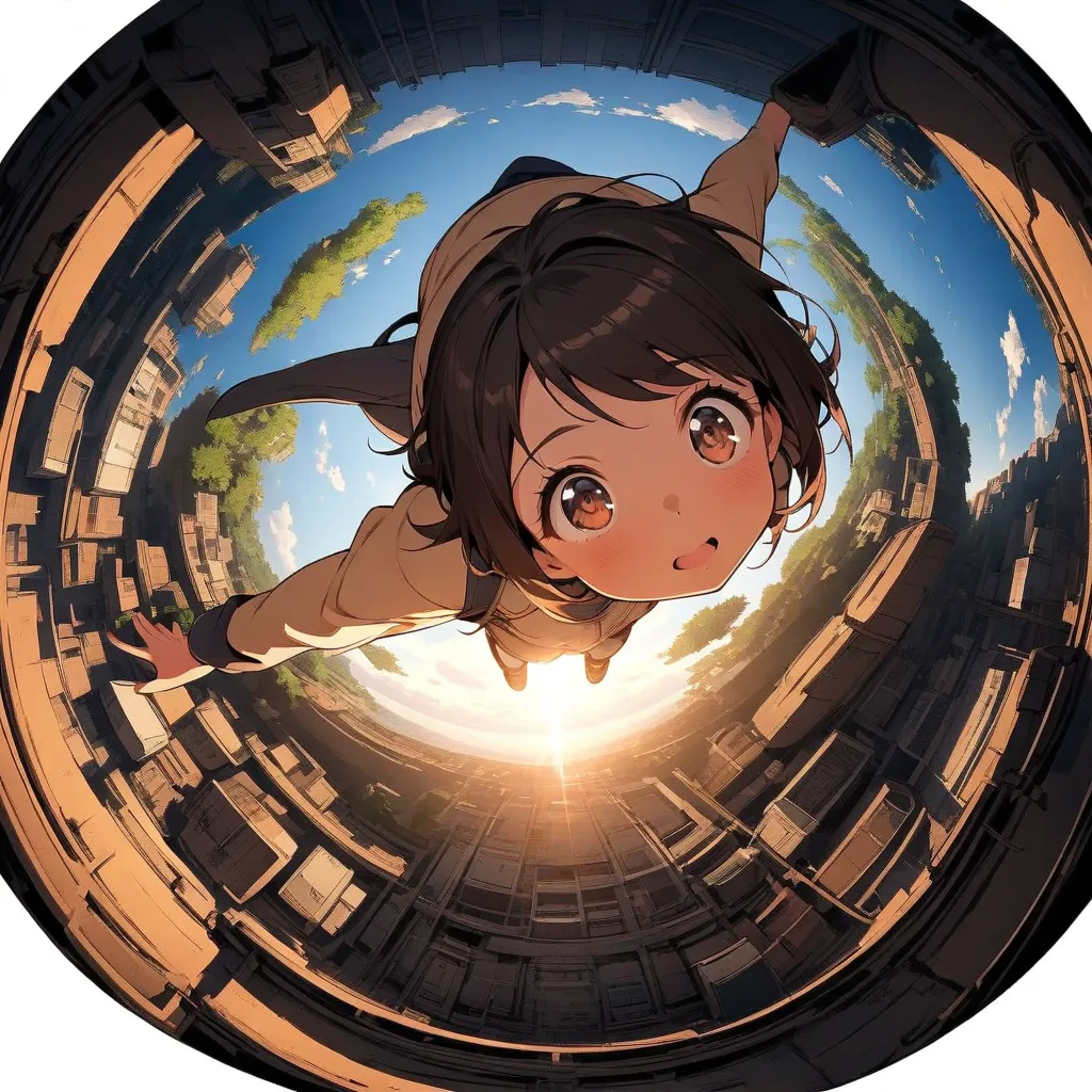 Big Perspective，Top view：1.5, Two-dimensional girl - looks up - reaches out， alone， fisheye perspective, Top view, round border，comics