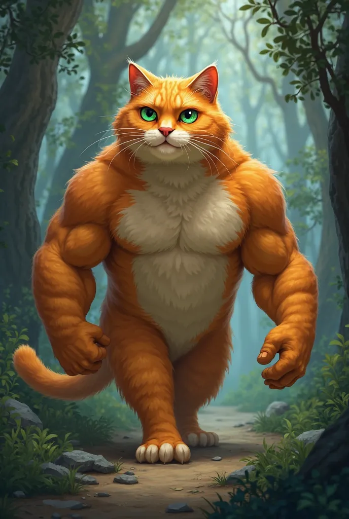 "A large, muscular orange tabby cat with short but dense fur. It has bright green eyes, a small scar above its left eye, and a slightly bushy tail. Its muscles are well-defined, especially in the shoulders and front paws. The cat always has a confident but...