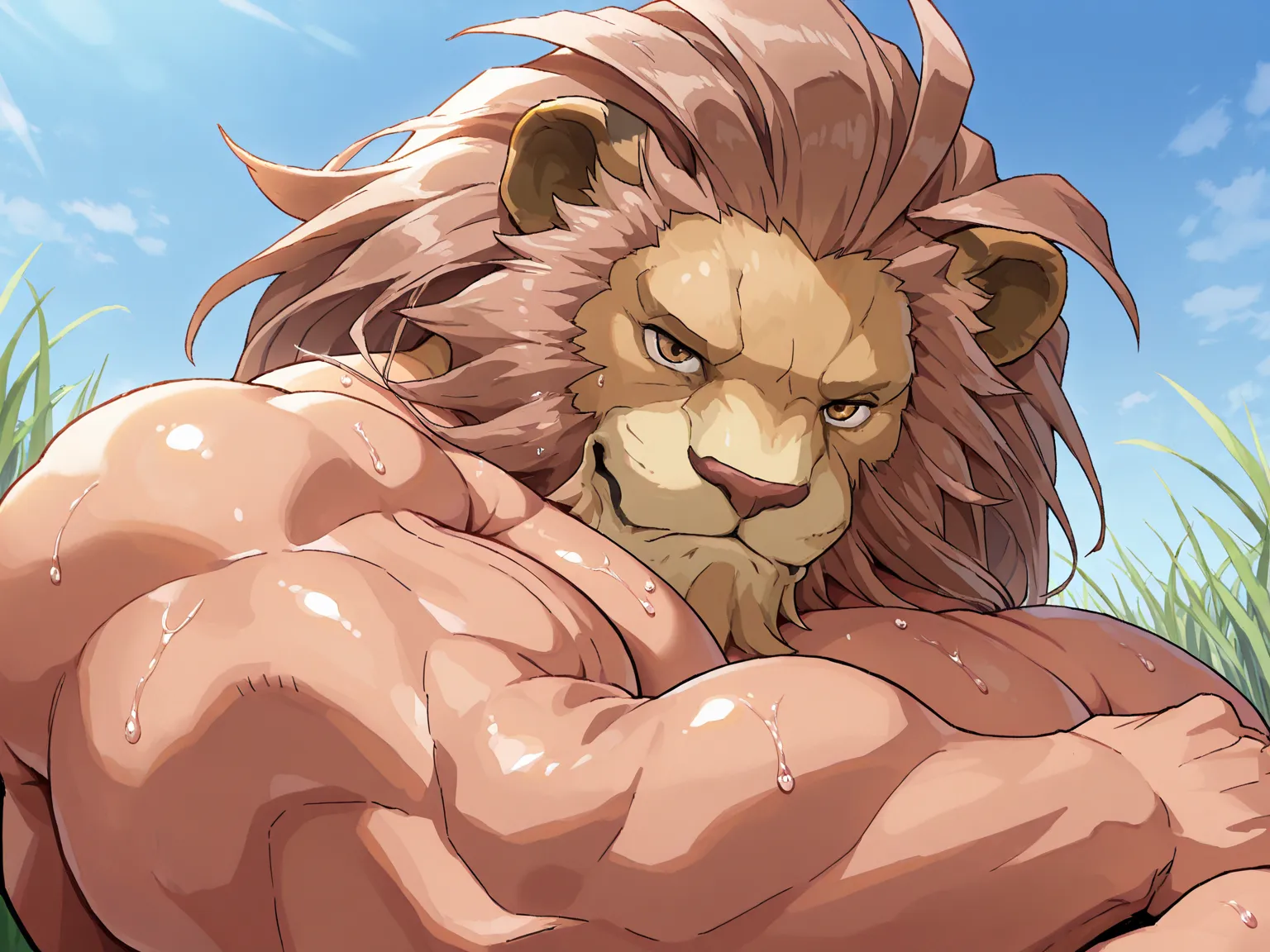 Highest Quality, 4k, masterpiece, first person hug, grass, Amazing Details, highly detailed face, daytime, no background, (LeoRE, large, lion head, brown mane, muscular, looking cute, looking at viewer), biceps, bust portrait, front view, sweaty, low angle...