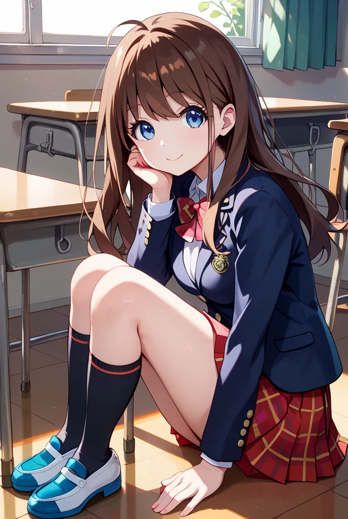 1girl, from side,face focus,(wearing navy blue school uniform blazer,Red skirt,checkered skirt,pleated  skirt,mini skirt,black knee socks,Indoor shoes:1.3),in the classroom,happy,sitting,looking at viewer,
BREAK
girl, (18 years old,160 cm height,cute,tarem...