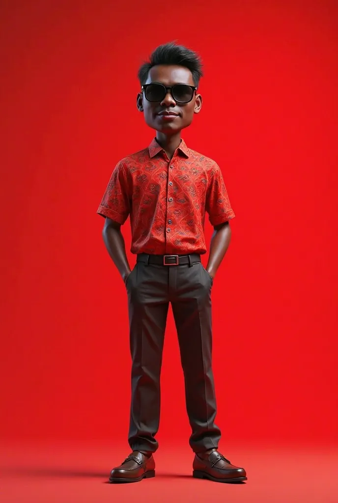 Realistic 4D caricature of Indonesian man aged 35yo, black skin, wearing sun glasses, wearing batik shirt red color, formal trousers, loafers, standing proudly, red gardient background