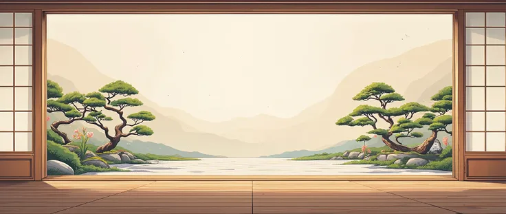illustration in soft colors predominating , minimalism of a Japanese style living room with window to see the minimalist Japanese garden with bonsai trees, the stage evokes energy and elegance