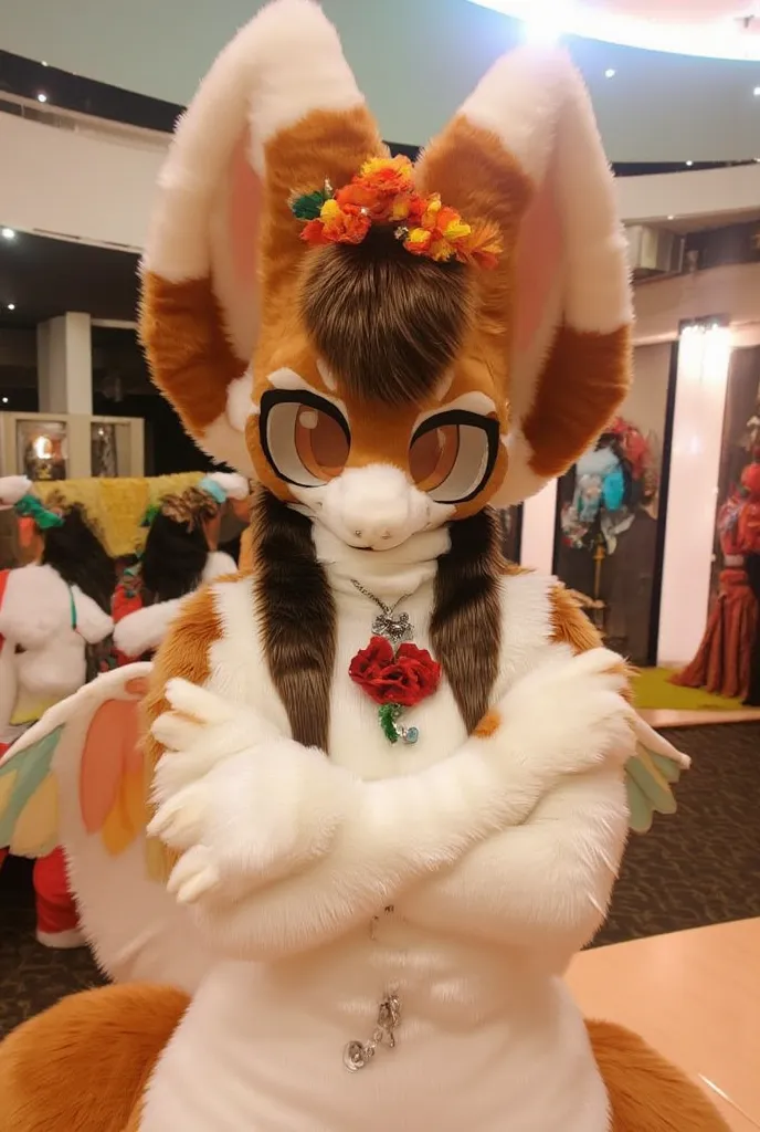 cute fluffy autumnal fennec fox girl with long dark brown hair, with intense eyelashes, orange flower crown, in a convention center, with angel wings, crossed arms, orange eyes, black nose, with fangs