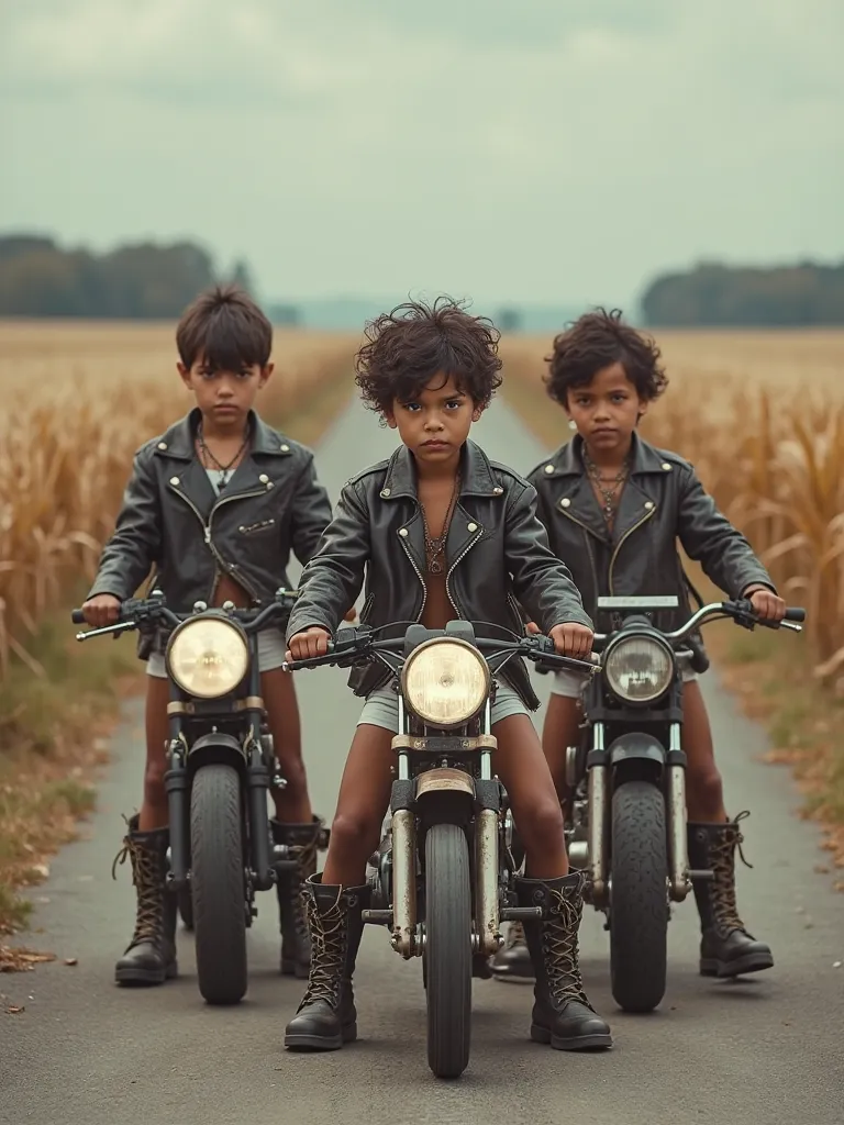 3 boys, , they're wear leather jacket, white diaper and high boots, 3  modified mini bike in behind of them, arrogantly posing at rural road, wheat fields along the roadside, moody, intimidating