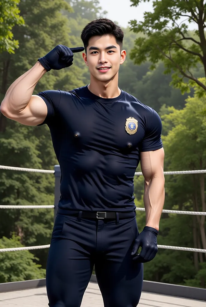 Handsome Korean man , wearing a navy round neck T-shirt is many torn, ((with police badge)), (navy pants), black gloves, wrestling ring backdrop, smiling, raising his hands in a military salute. in forest