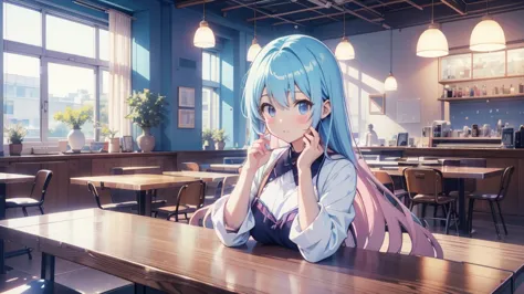 4K、8k、 Anime Woman  、{{{{ 1 woman}}}}、{{{{Long blue-black air}}}}、{{{{ cute anime woman }}}}、{{{{A cute, dreamy space,Relaxing daytime cafe-like}}}}、{{{{In a stylish and nice room with pastel colors}}}}、{{{{Stylish and nice workspace in pastel colors。Soft ...