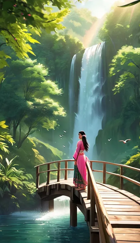 Create a vivid and serene image of a beautiful Indian girl standing on a wooden bridge. She has long, flowing black hair and is dressed in an elegant pink and dark green traditional suit. The bridge is surrounded by lush greenery, with tall trees and vibra...