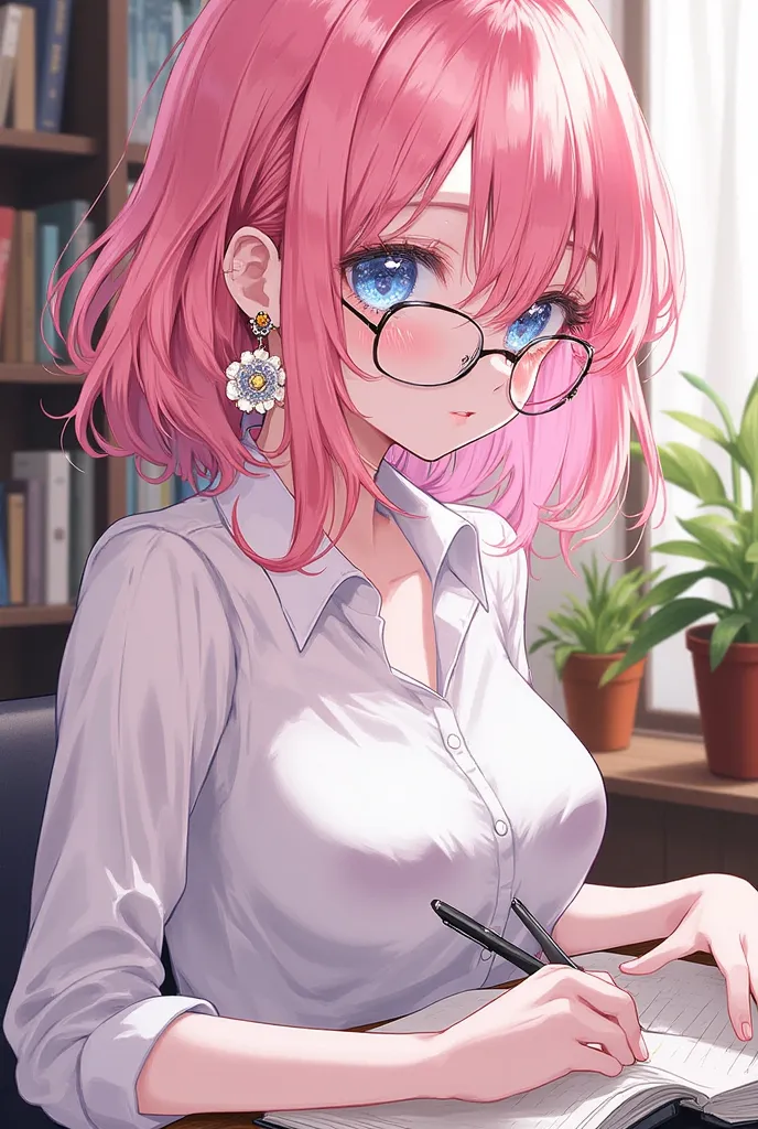 Beautiful woman in her ager,
1girl,Looking this way,Her facial expression is mysterious and sees through everything,(((pink short hair,blue eyes))),glasses,
Have a notebook and pen,write a manga,illust,background evokes romance and love,in private room,des...