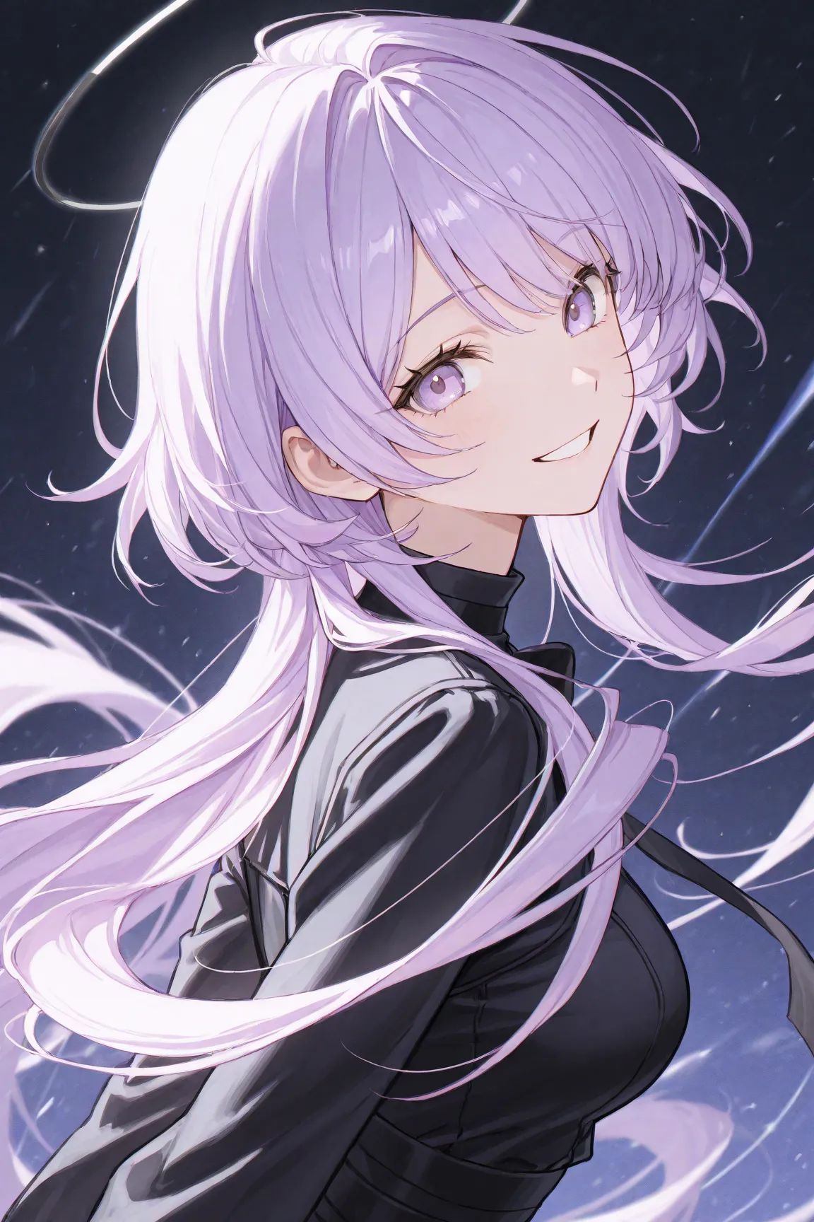 A woman with very long hair, light purple hair, and light purple eyes、 smiling 、cool、