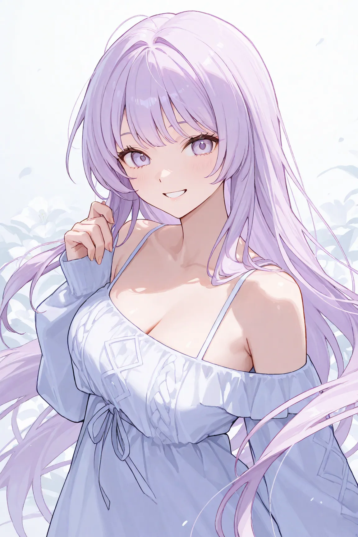 A woman with very long hair, light purple hair, and light purple eyes、 smiling 、cool、