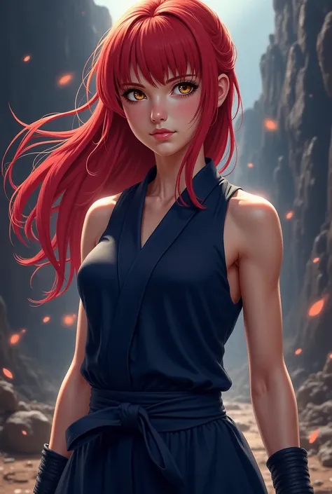 jujutsu no Kaisen scene of a female with long bright red hair pinned back. No bangs.  and light brown eyes. she is wearing jujutsu no Kaisen dark Blue sleeveless uniform.