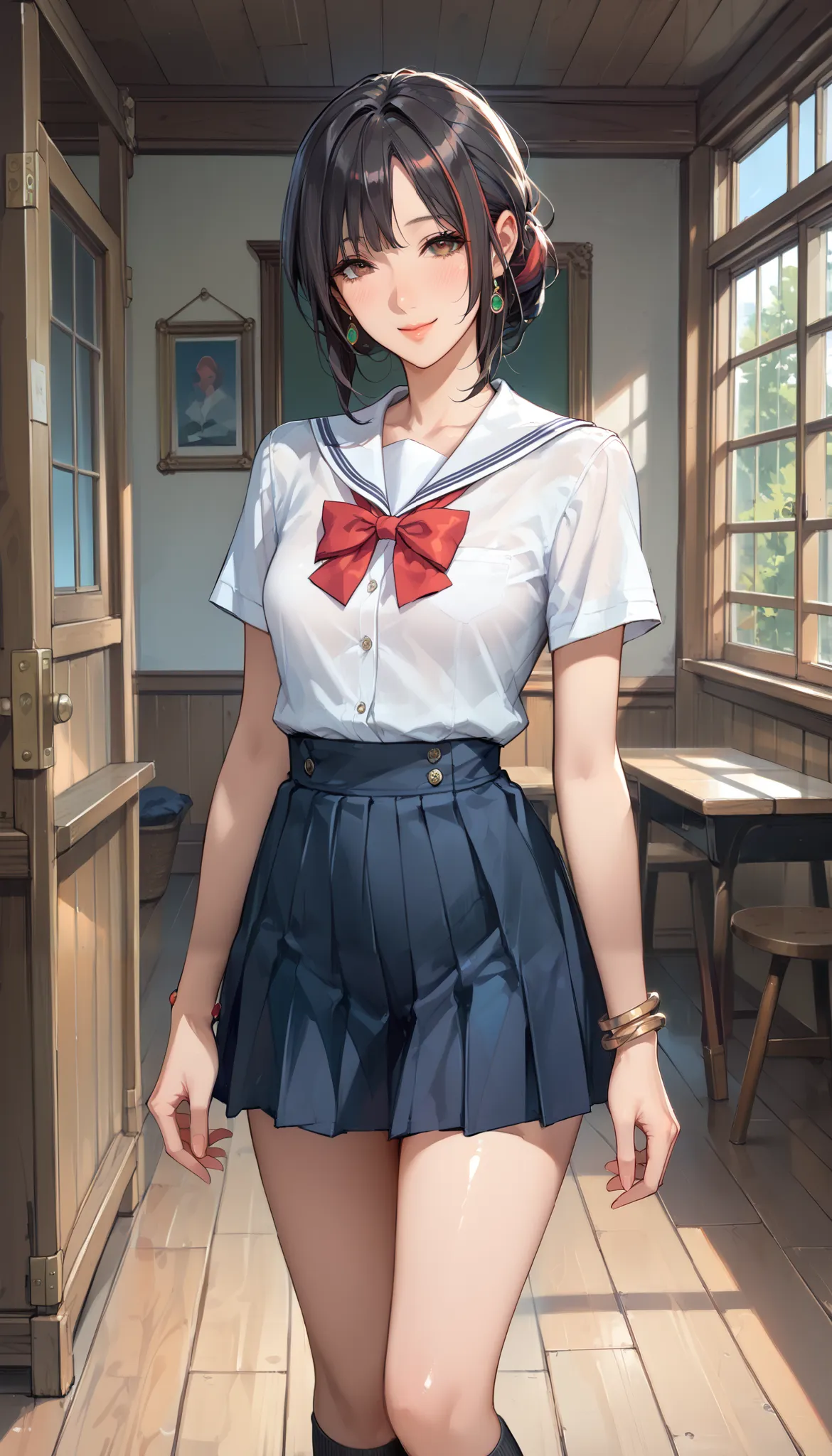 score_9, score_8_up, score_7_up,  source_anime,masterpiece,best quality,beautiful detailed eyes, beautifully detailed lips, extremely detailed eyes and face,  long breasts, 1 female, 45 years old ,mature woman,smile , school uniform,Hide and take off your ...