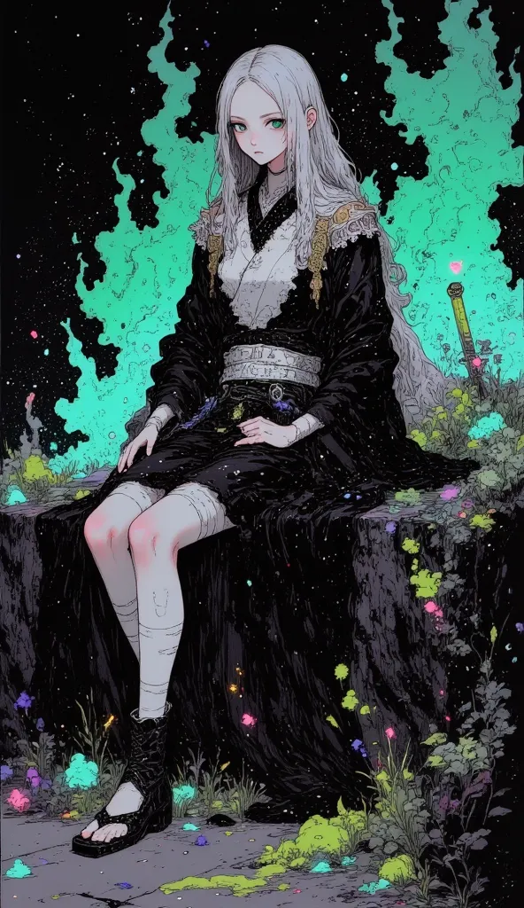 A beautiful woman in a black robe sits on the edge of a cliff。Sharp Eyes，Green Pupils，One knee is raised to his chest。His abdomen is bandaged under his robes（ bleach style ）。placed a large sword on the ground next to him 1：5。He has long silver hair。
Surrou...